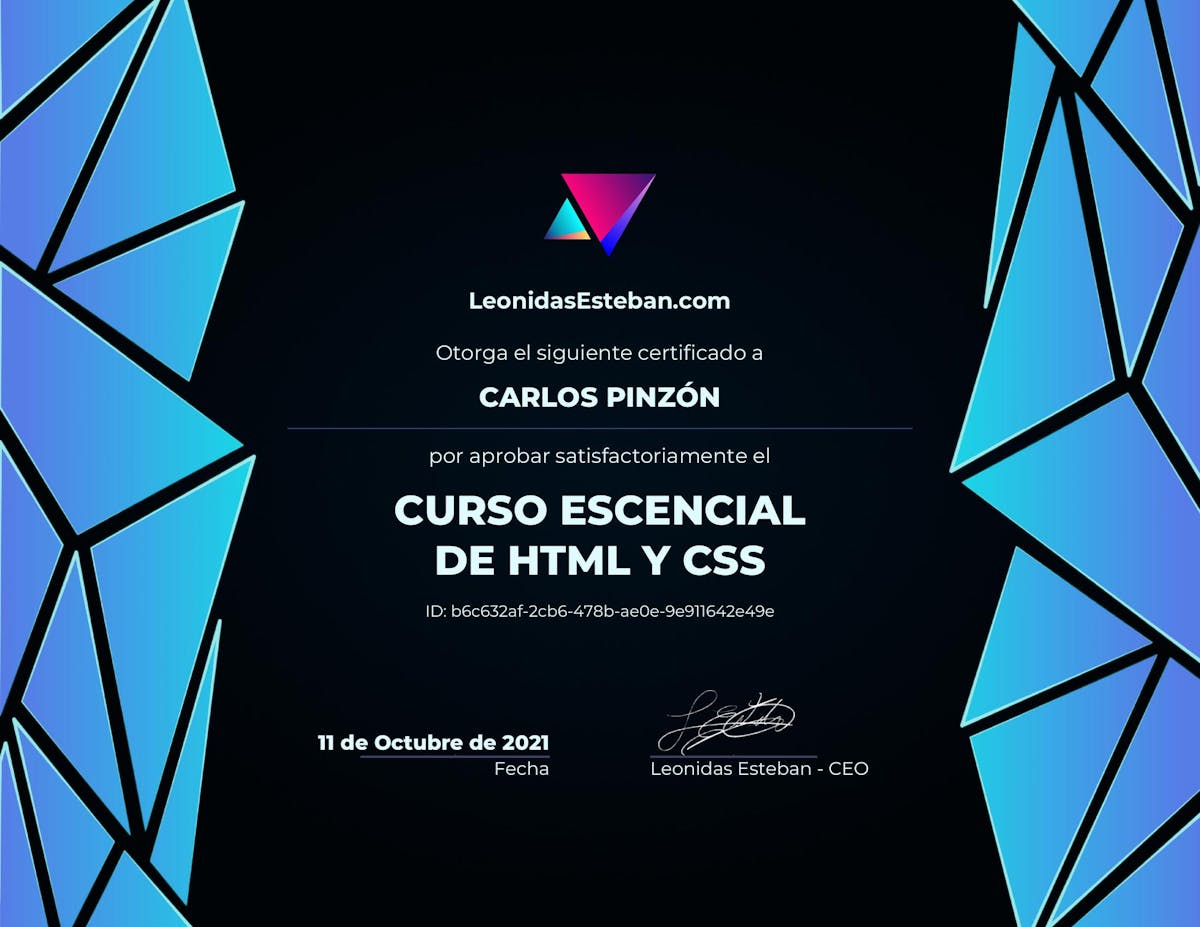 Preview del diploma del curso Curso esencial de HTML y CSS de Carlos Pinzón