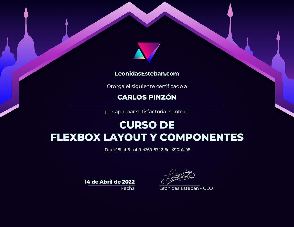 Preview del diploma del curso Curso de Flexbox Layout y Componentes de Carlos Pinzón