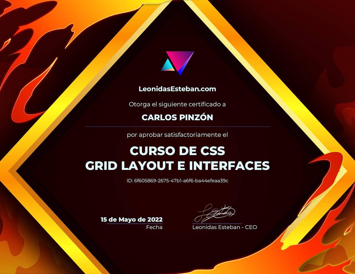 Preview del diploma del curso Curso de CSS Grid Layout e Interfaces de Carlos Pinzón