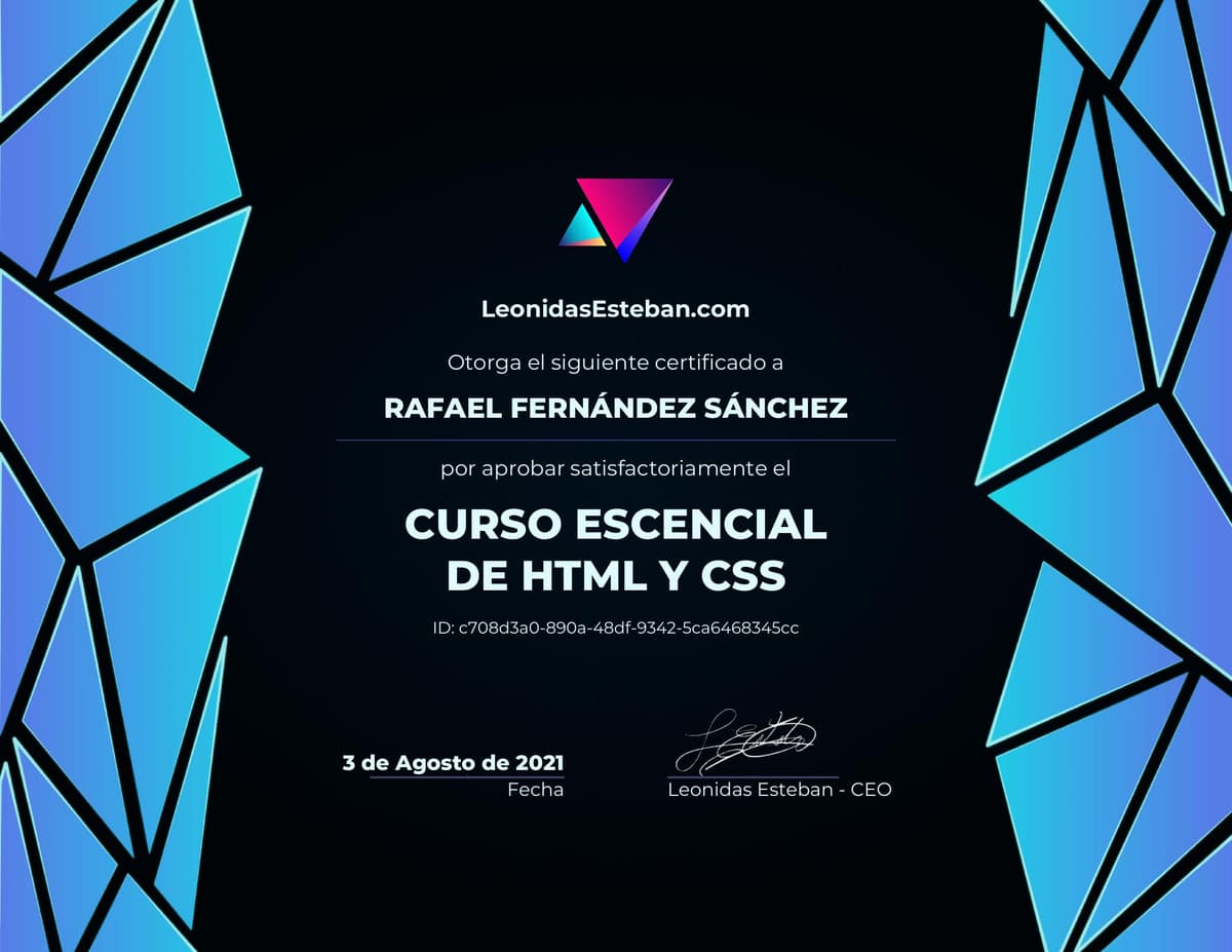 Preview del diploma del curso Curso esencial de HTML y CSS de Rafael Fernández Sánchez