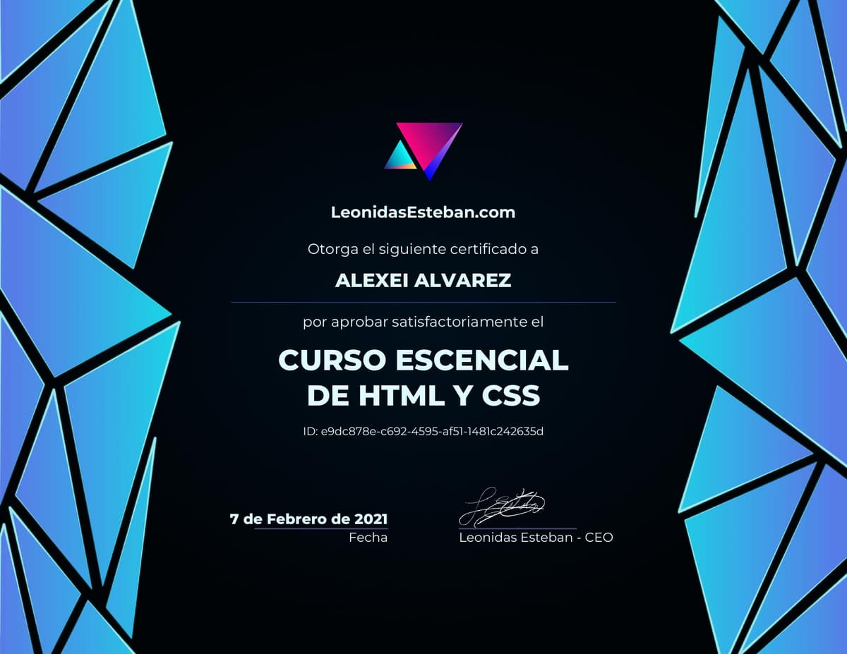 Preview del diploma del curso Curso esencial de HTML y CSS de Alexei Alvarez