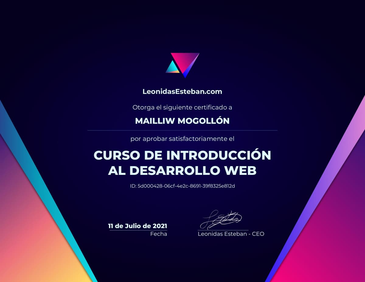 Preview del diploma del curso Curso de introducción al desarrollo web de Mailliw Mogollón