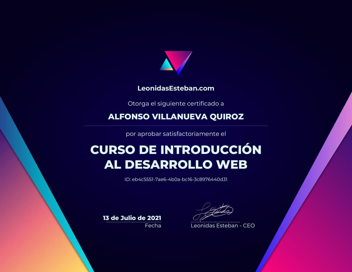 Preview del diploma del curso Curso de introducción al desarrollo web de Alfonso Villanueva