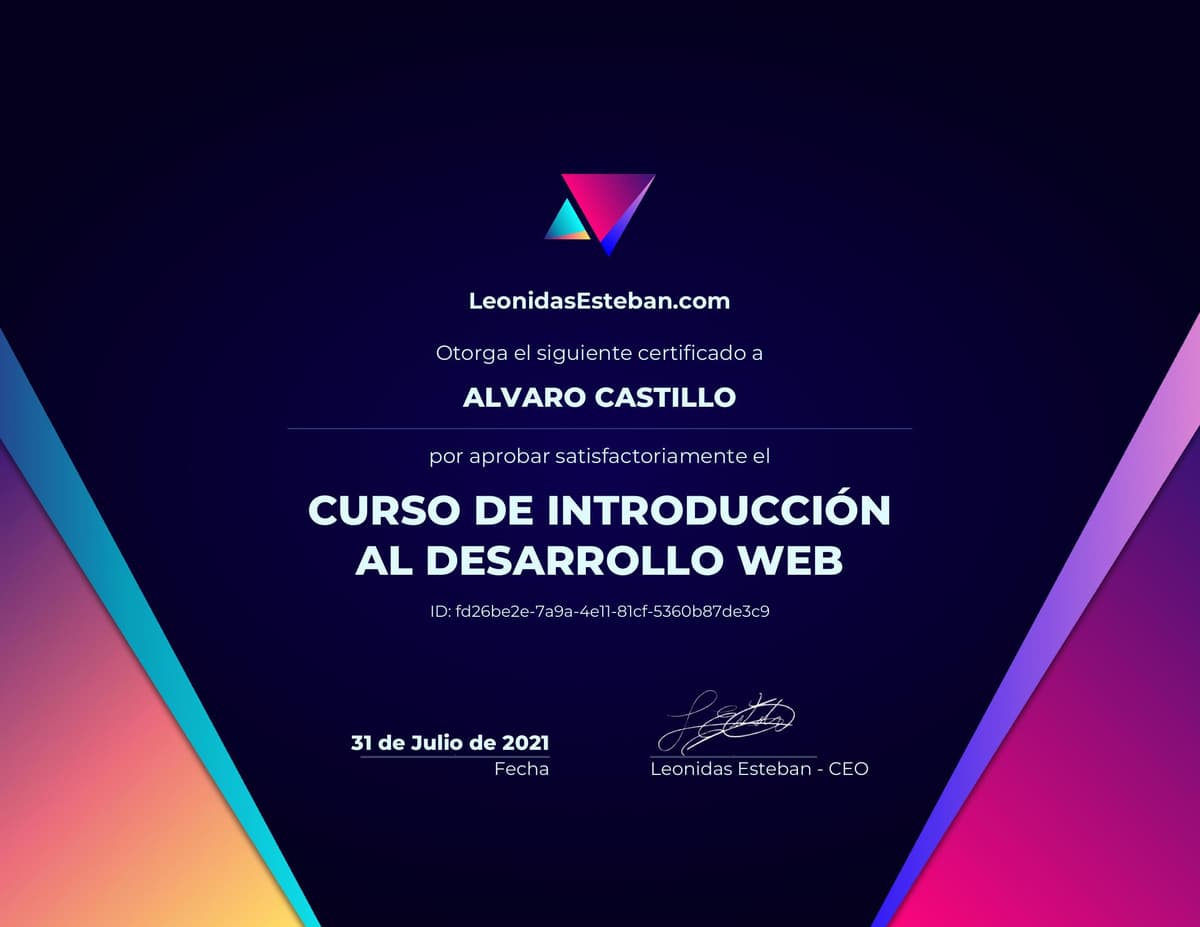 Preview del diploma del curso Curso de introducción al desarrollo web de Alvaro Castillo