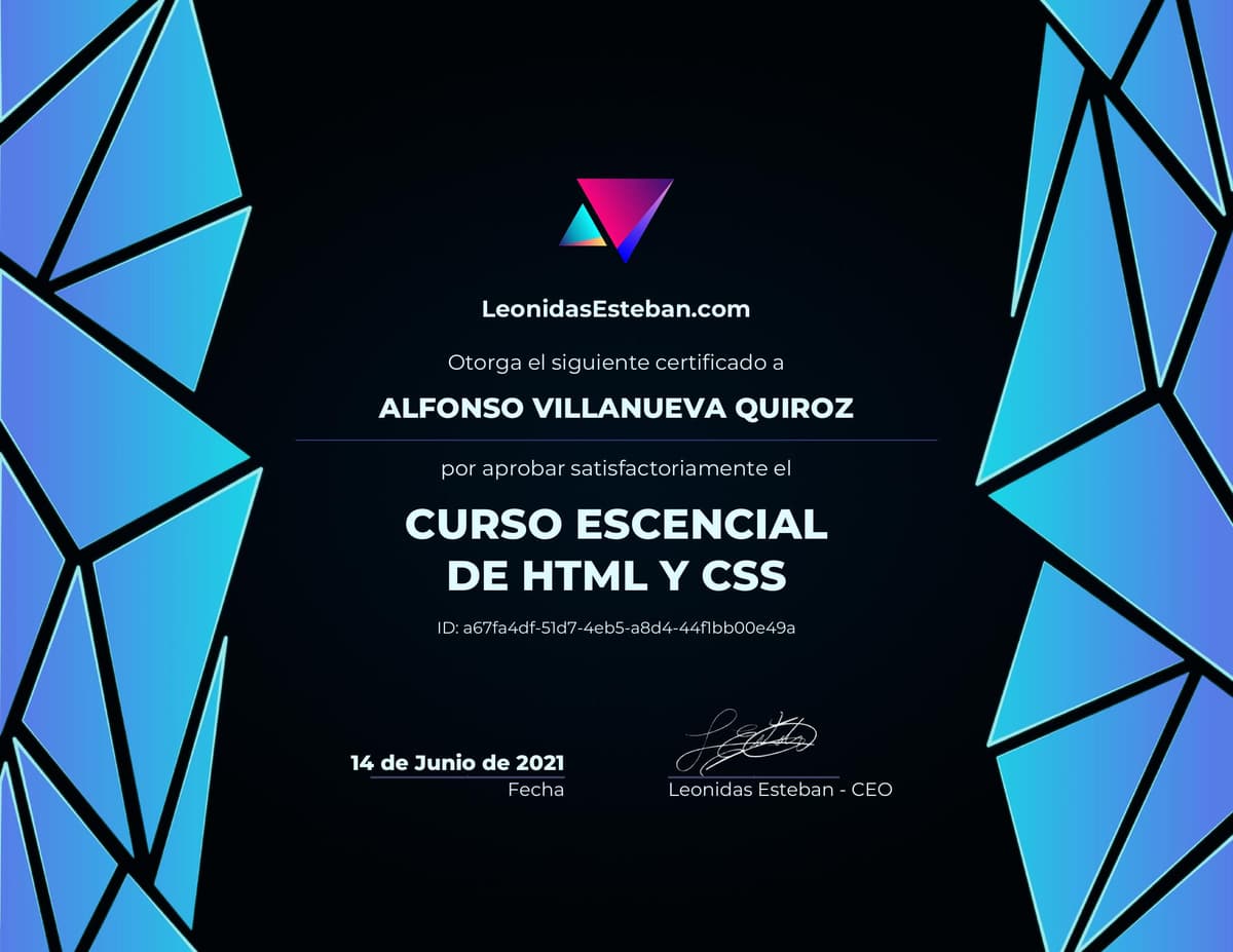 Preview del diploma del curso Curso esencial de HTML y CSS de Alfonso Villanueva