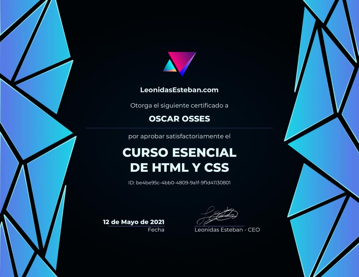 Preview del diploma del curso Curso esencial de HTML y CSS de Oscar Osses