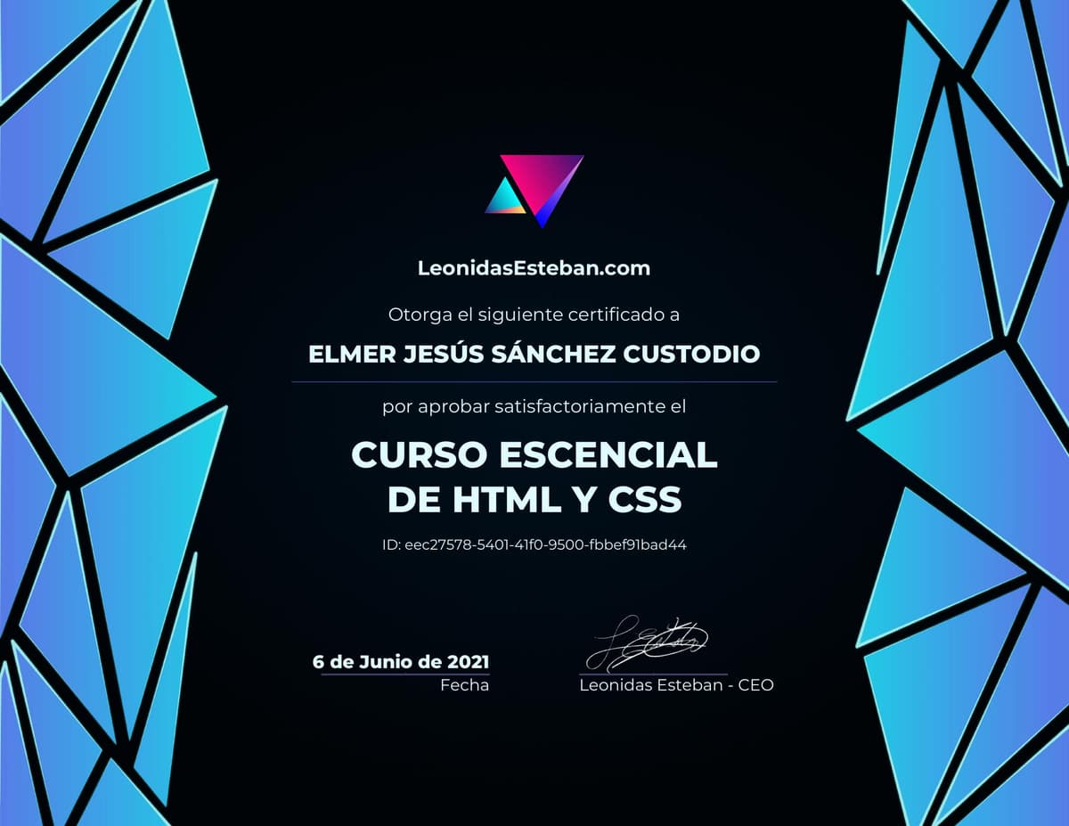 Preview del diploma del curso Curso esencial de HTML y CSS de Elmer Jesús Sánchez Custodio
