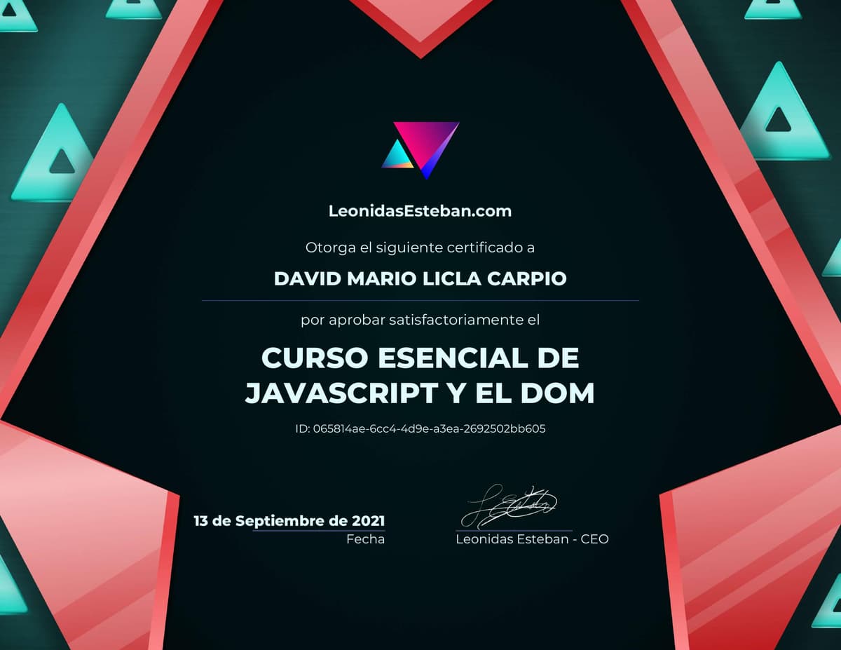 Preview del diploma del curso Curso esencial de JavaScript y el DOM de David Mario Licla Carpio