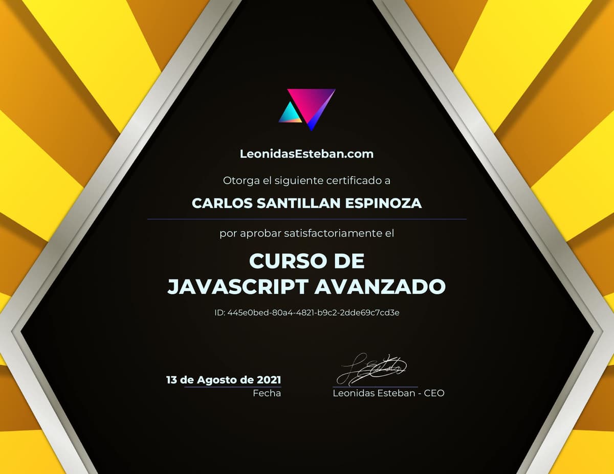 Preview del diploma del curso Curso de JavaScript para React de Carlos Santillan Espinoza
