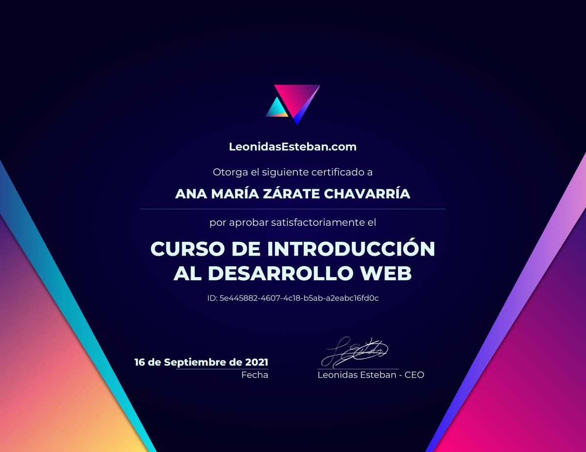 Preview del diploma del curso Curso de introducción al desarrollo web de Ana María Zárate Chavarría