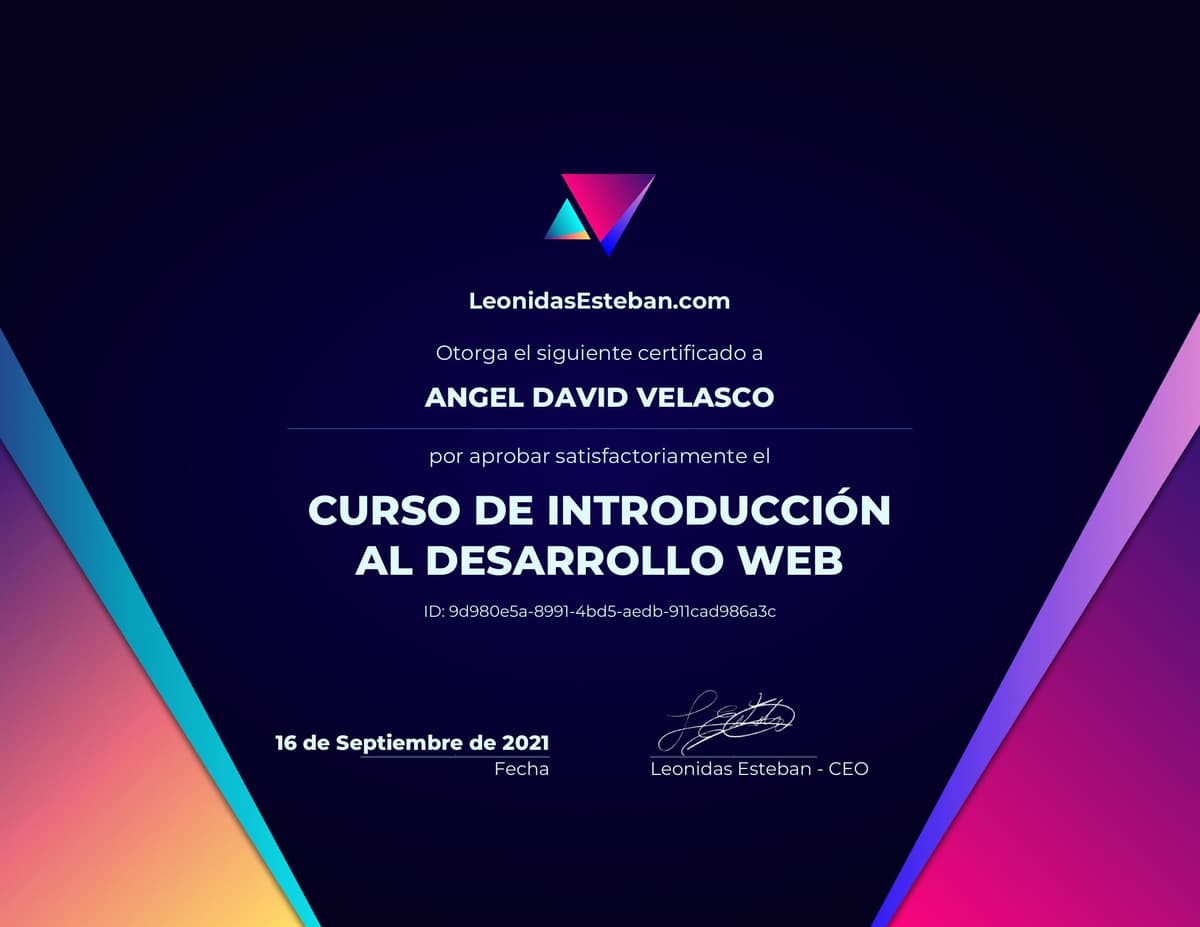 Preview del diploma del curso Curso de introducción al desarrollo web de Angel David Velasco