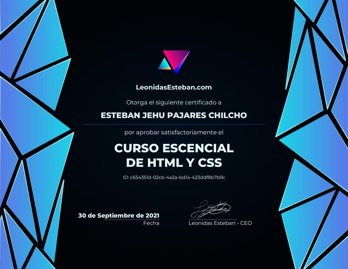 Preview del diploma del curso Curso esencial de HTML y CSS de Esteban Jehu Pajares Chilcho
