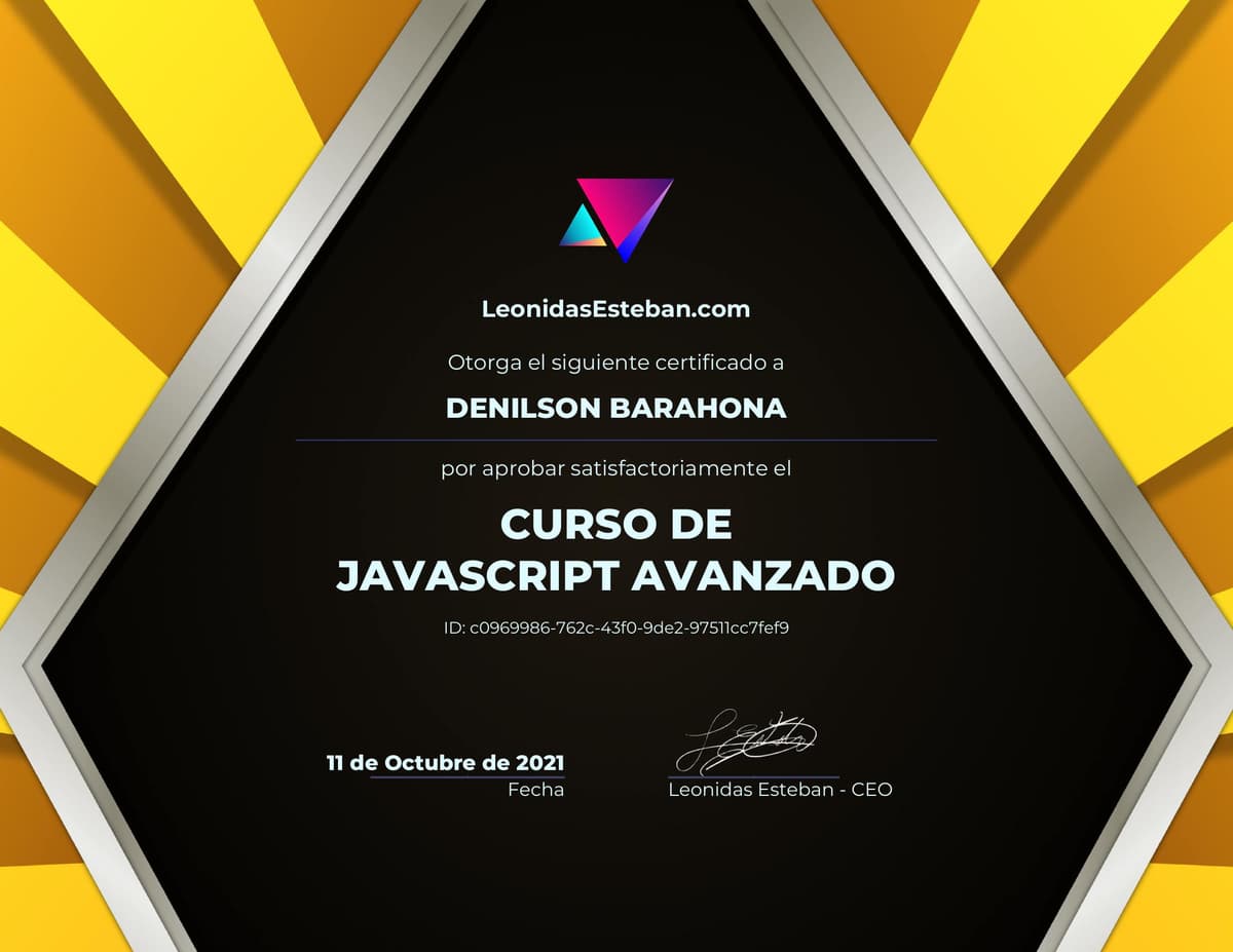 Preview del diploma del curso Curso de JavaScript para React de Denilson Barahona