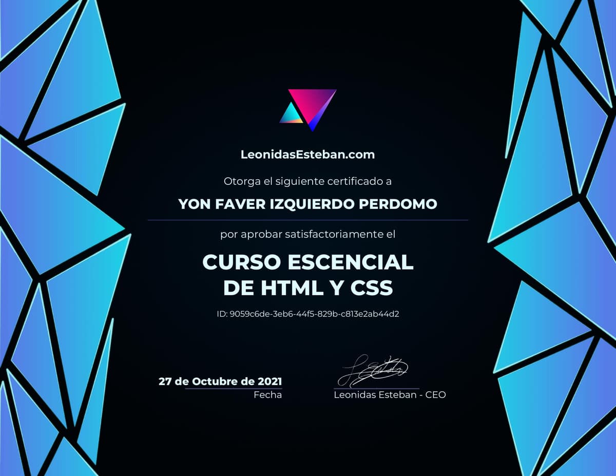 Preview del diploma del curso Curso esencial de HTML y CSS de Yon Faver Izquierdo Perdomo
