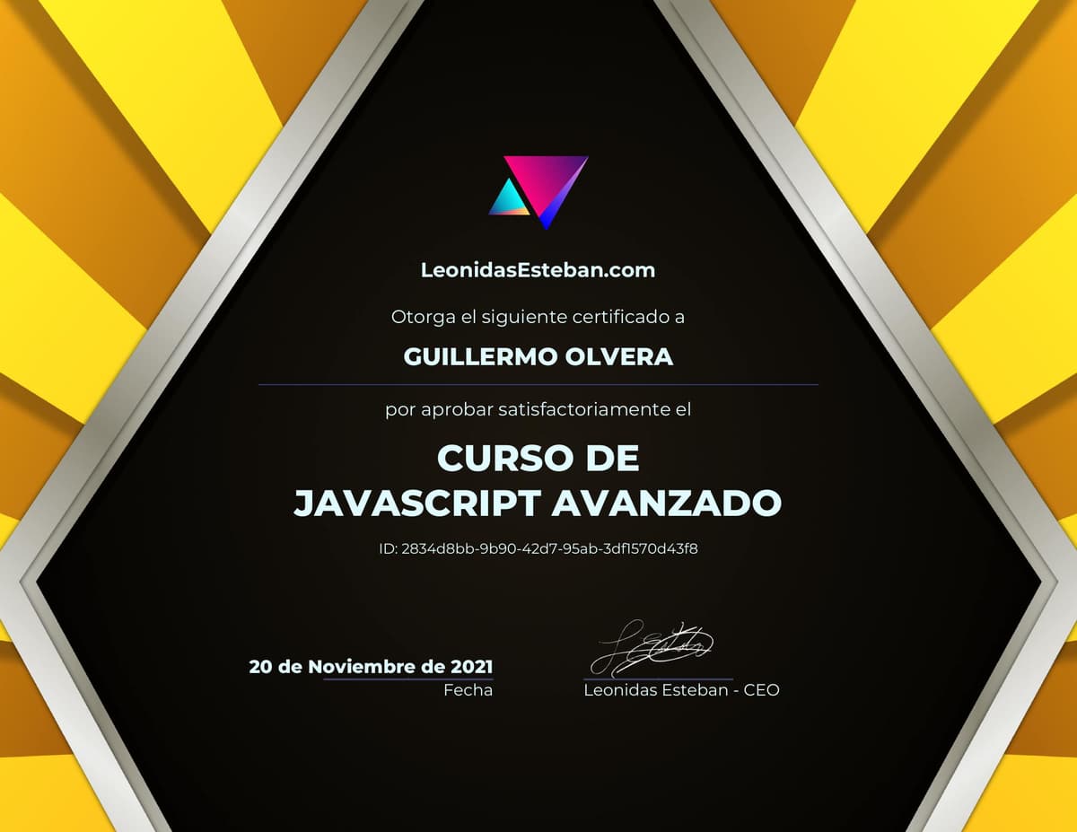 Preview del diploma del curso Curso de JavaScript para React de Guillermo Olvera
