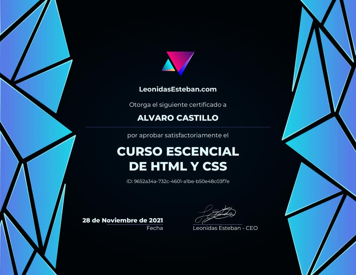 Preview del diploma del curso Curso esencial de HTML y CSS de Alvaro Castillo