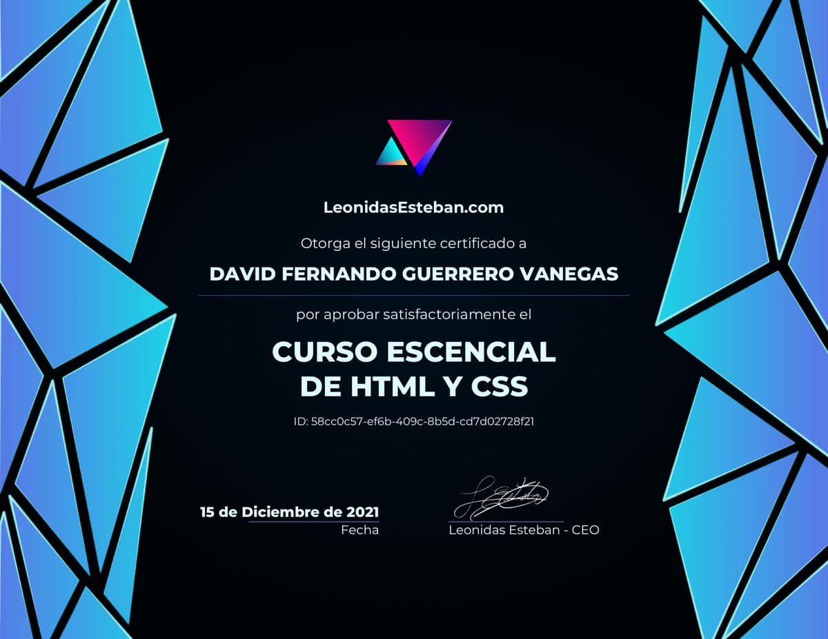Preview del diploma del curso Curso esencial de HTML y CSS de David Fernando Guerrero Vanegas