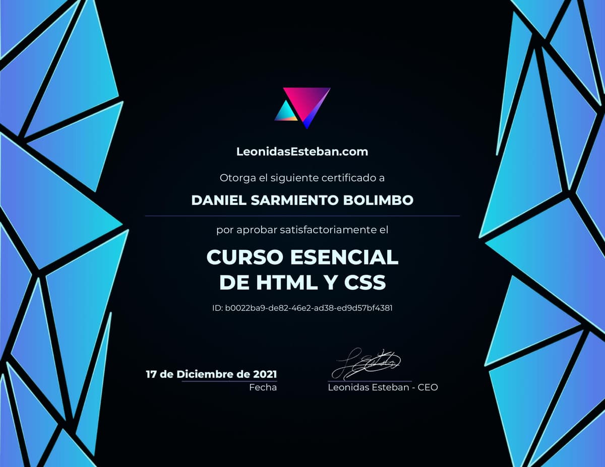 Preview del diploma del curso Curso esencial de HTML y CSS de Daniel Sarmiento Bolimbo