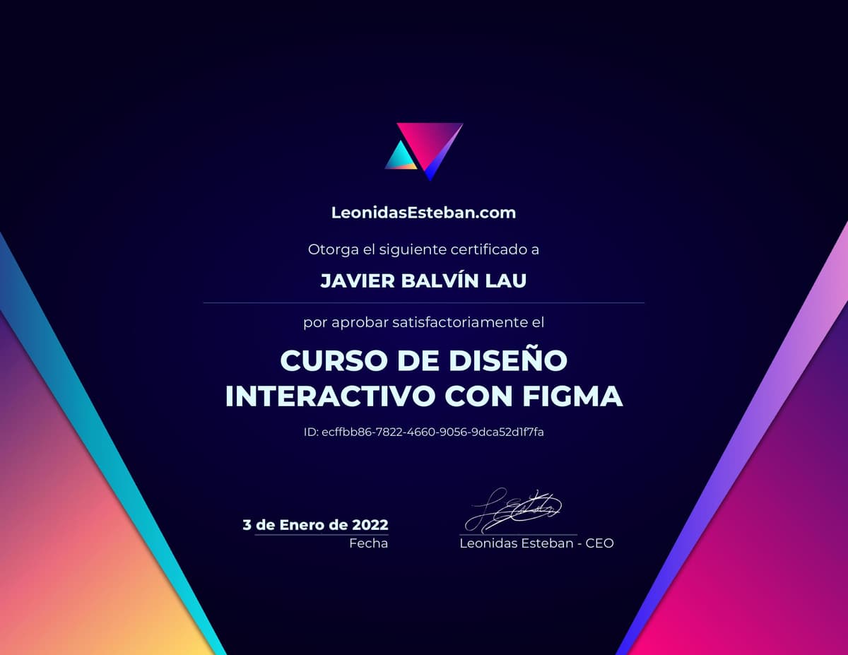 Preview del diploma del curso Curso de diseño interactivo con Figma de Javier Balvín Lau