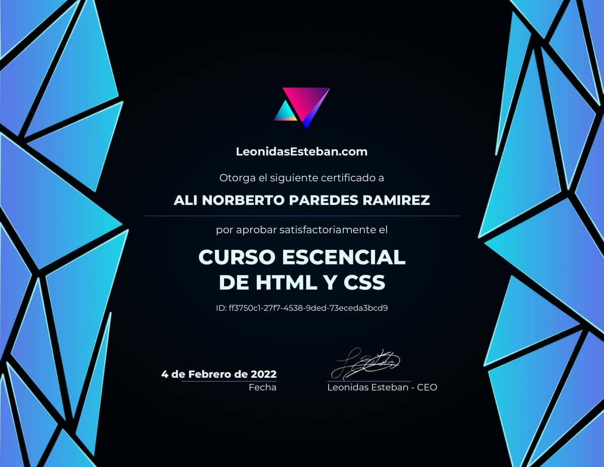 Preview del diploma del curso Curso esencial de HTML y CSS de Ali Norberto Paredes Ramirez