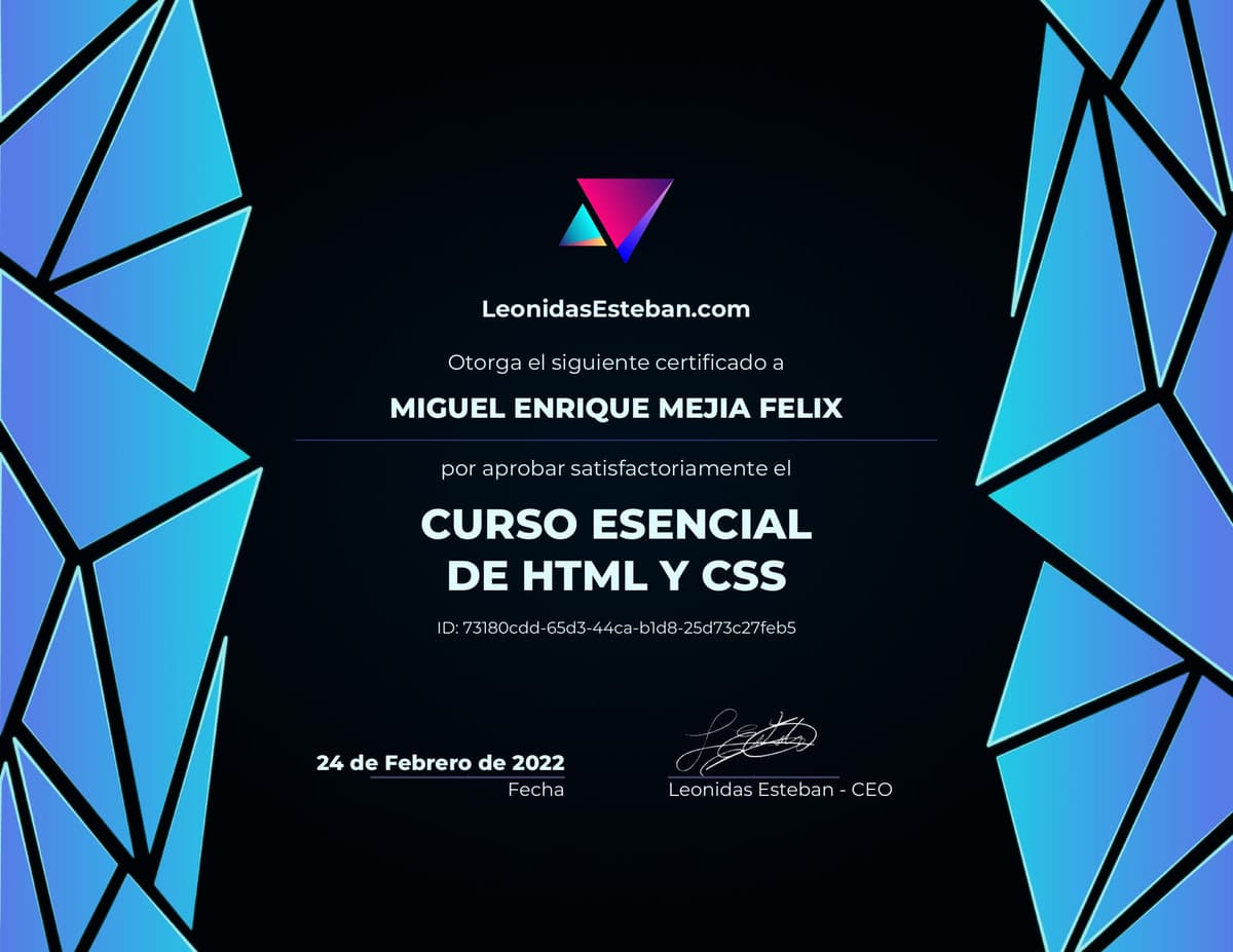 Preview del diploma del curso Curso esencial de HTML y CSS de Miguel Enrique Mejia Felix