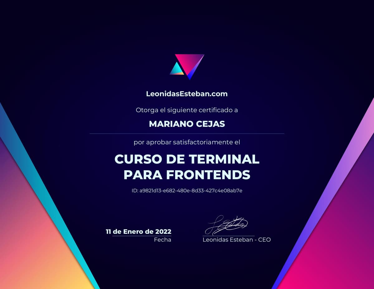 Preview del diploma del curso Curso de Terminal para Frontends de Mariano Cejas
