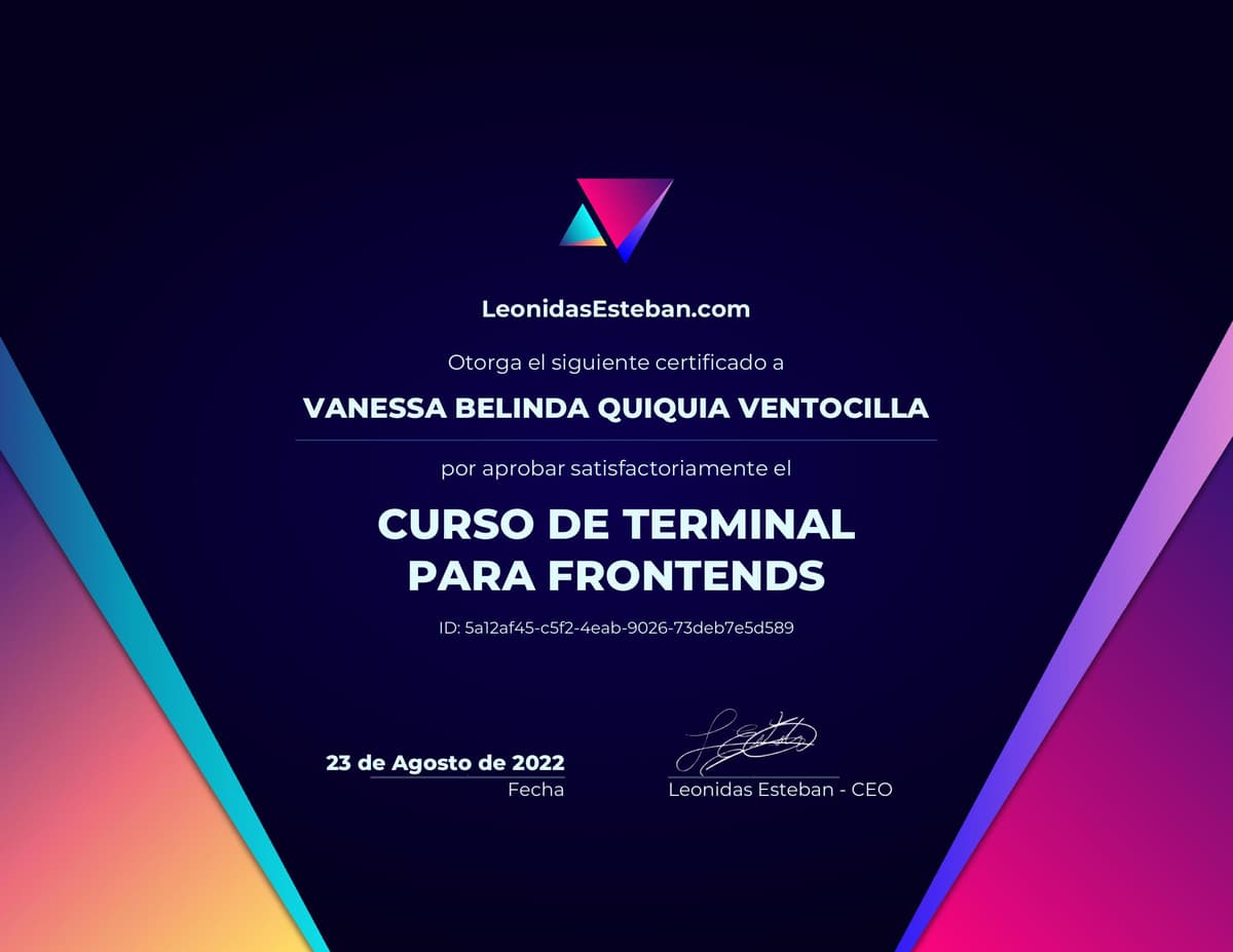 Preview del diploma del curso Curso de Terminal para Frontends de Vanessa Belinda Quiquia Ventocilla