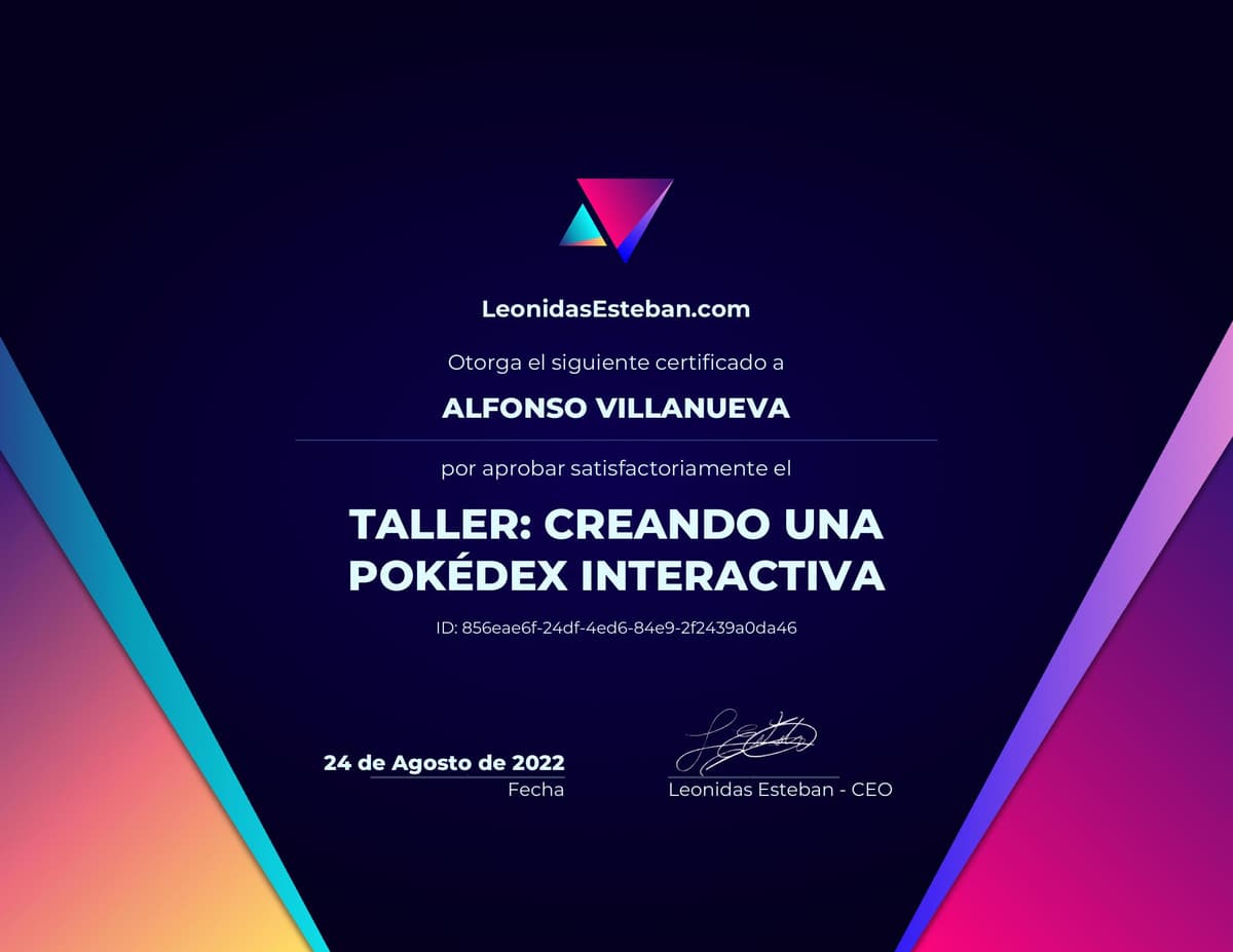 Preview del diploma del curso Taller: creando una Pokédex interactiva de Alfonso Villanueva
