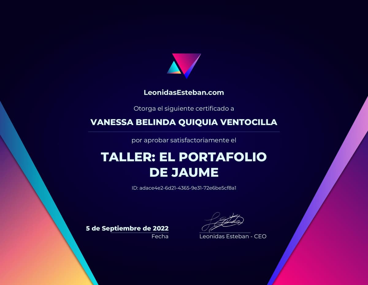 Preview del diploma del curso Taller: El portafolio de Jaume de Vanessa Belinda Quiquia Ventocilla