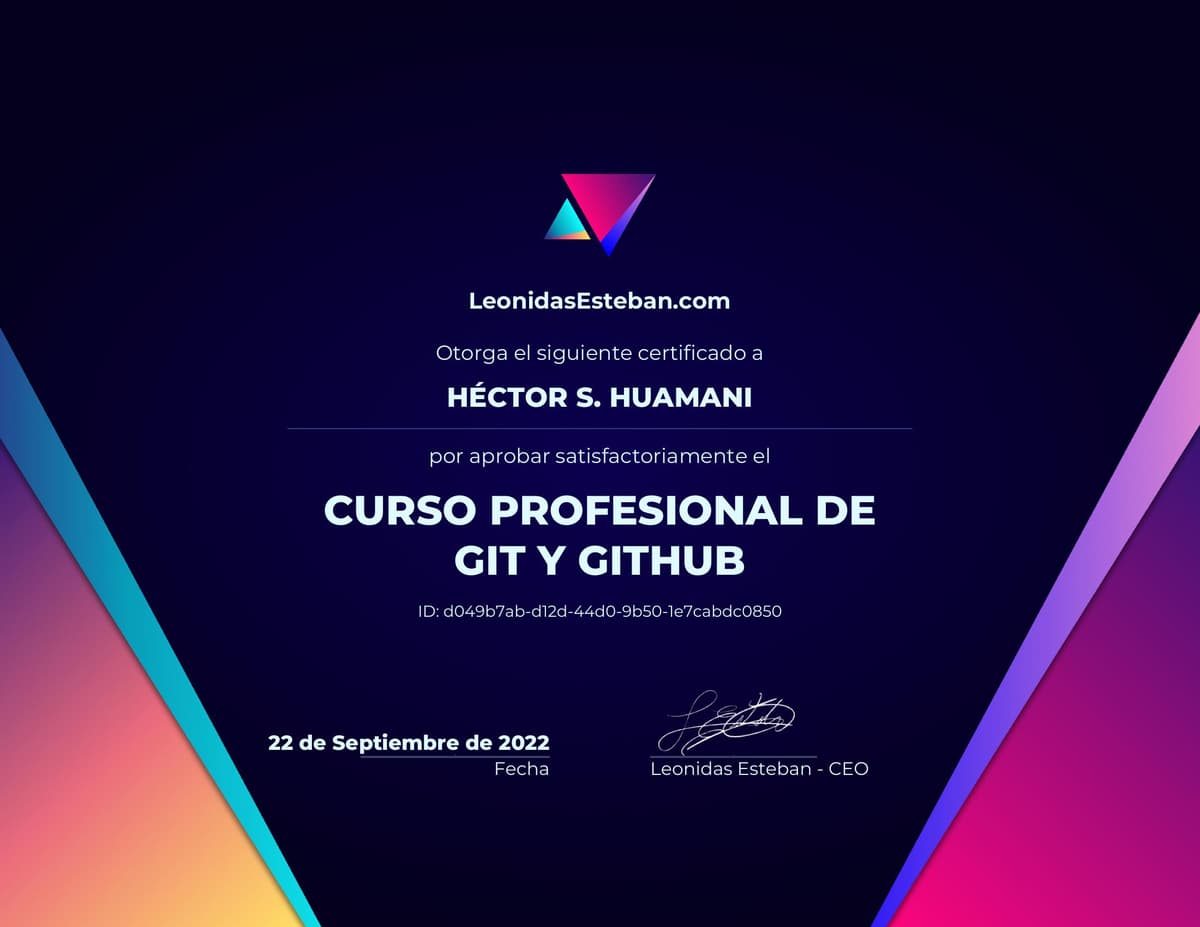 Preview del diploma del curso Curso profesional de Git y Github de Héctor S. Huamani