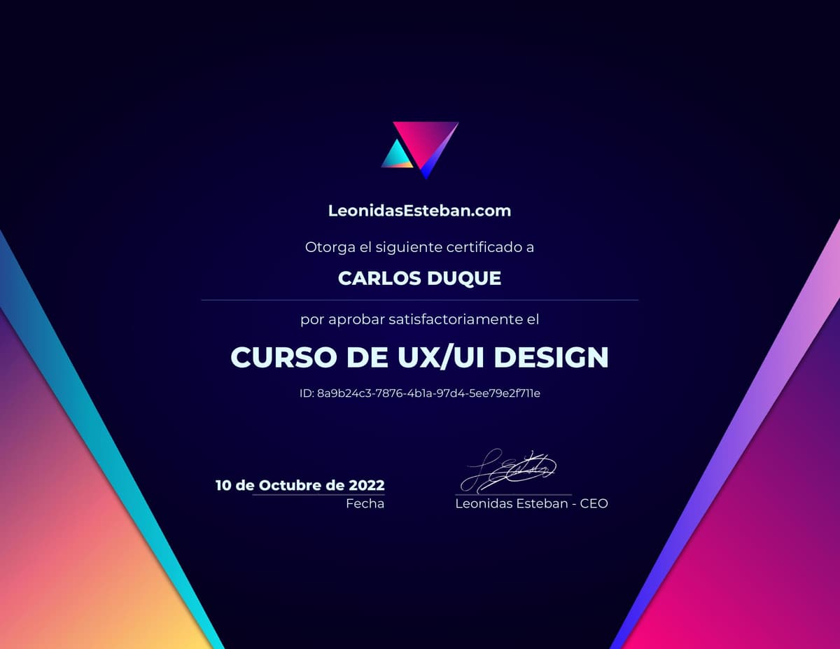 Preview del diploma del curso Curso de UX/UI Design de Carlos Duque