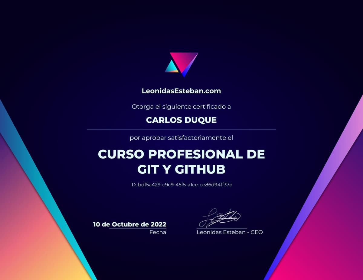 Preview del diploma del curso Curso profesional de Git y Github de Carlos Duque