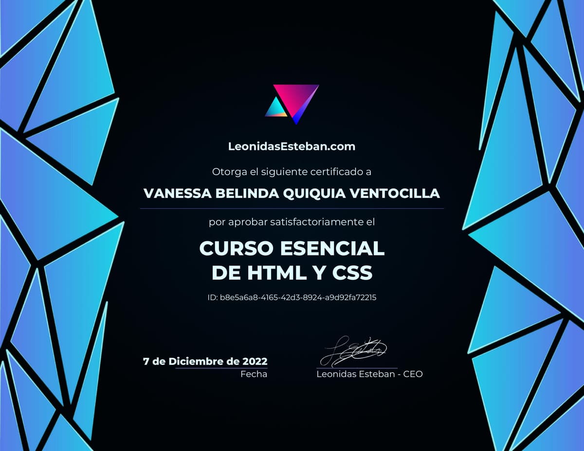 Preview del diploma del curso Curso esencial de HTML y CSS de Vanessa Belinda Quiquia Ventocilla
