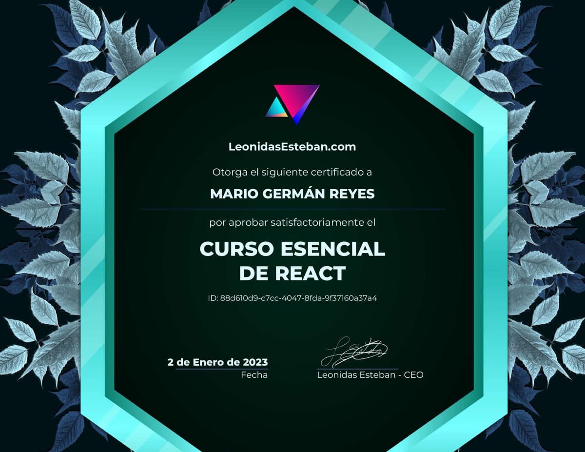 Preview del diploma del curso Curso de React.js de Mario Germán Reyes