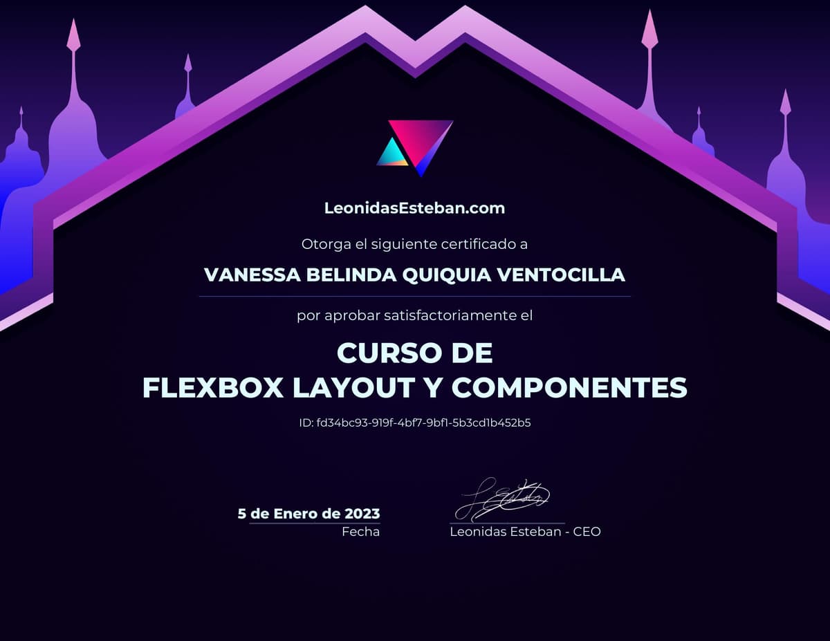 Preview del diploma del curso Curso de Flexbox Layout y Componentes de Vanessa Belinda Quiquia Ventocilla
