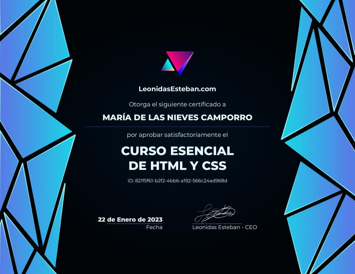 Preview del diploma del curso Curso esencial de HTML y CSS de María de las Nieves Camporro