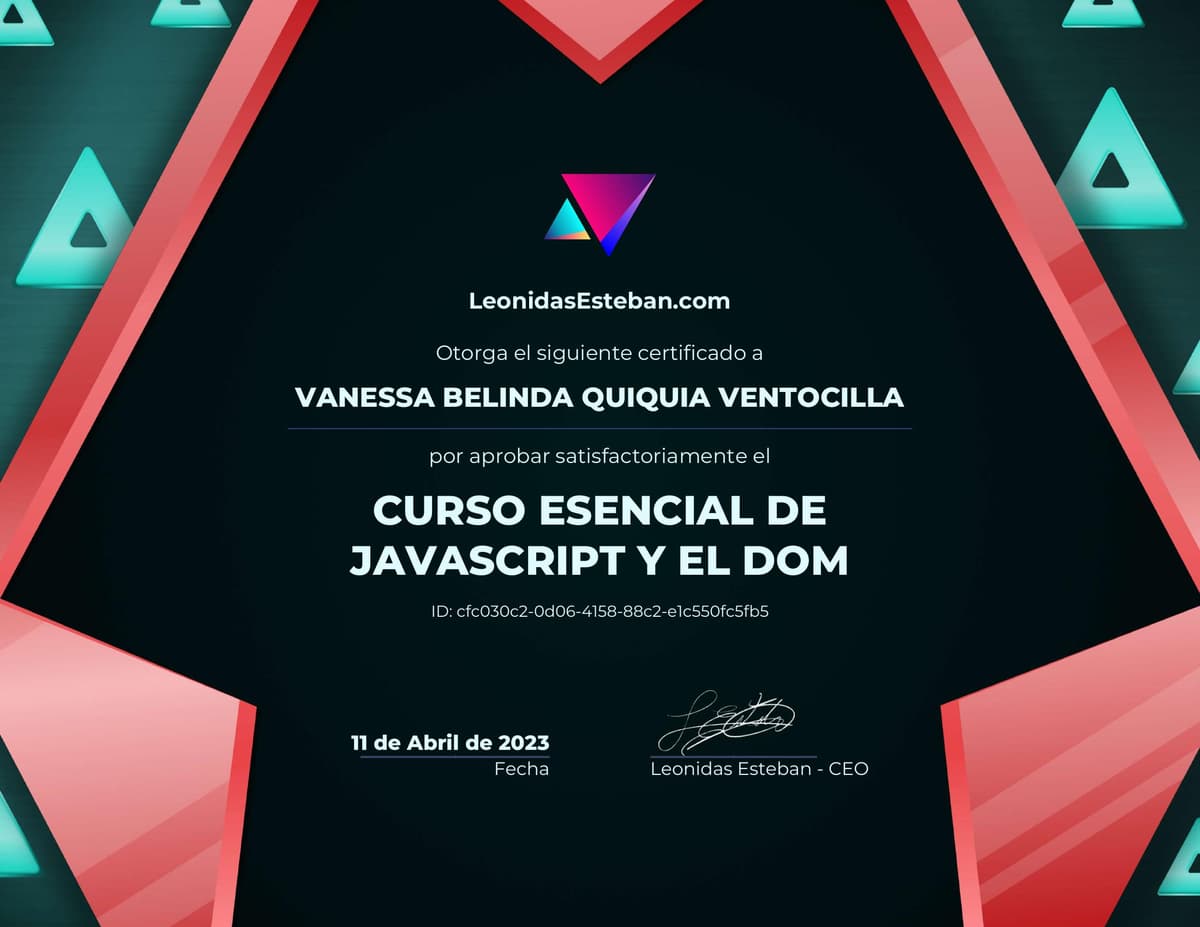 Preview del diploma del curso Curso esencial de JavaScript y el DOM de Vanessa Belinda Quiquia Ventocilla