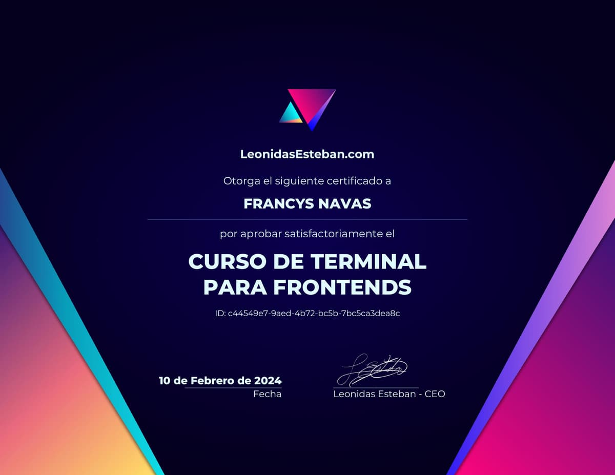 Preview del diploma del curso Curso de Terminal para Frontends de Francys Navas