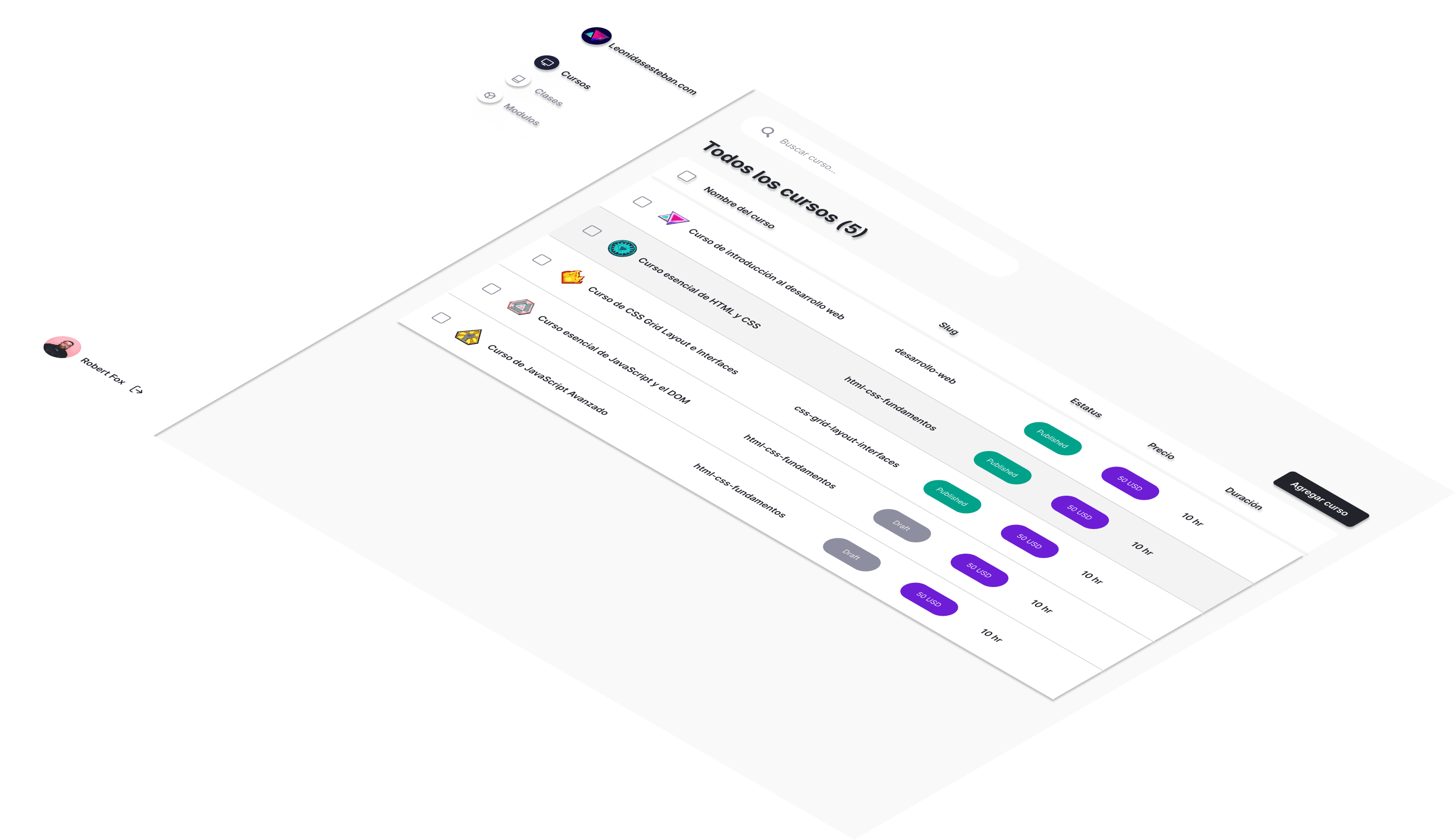 Mockup del proyecto de Dashboard de Cursos