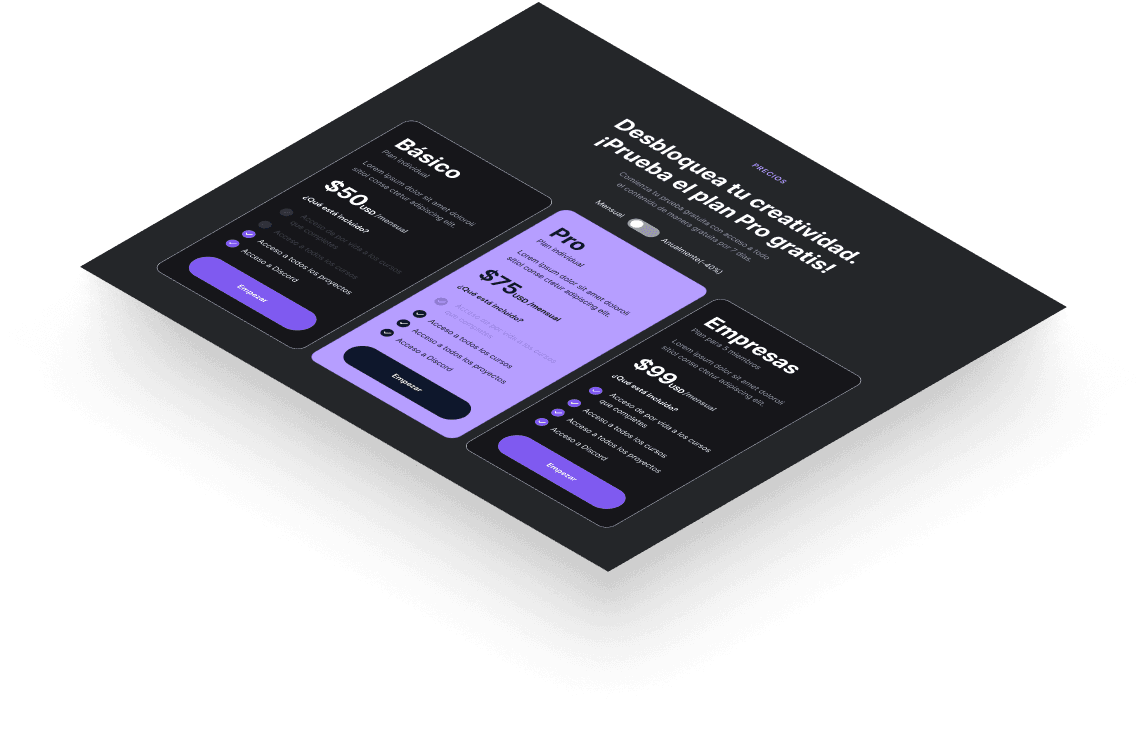Mockup del proyecto de Sección de precios